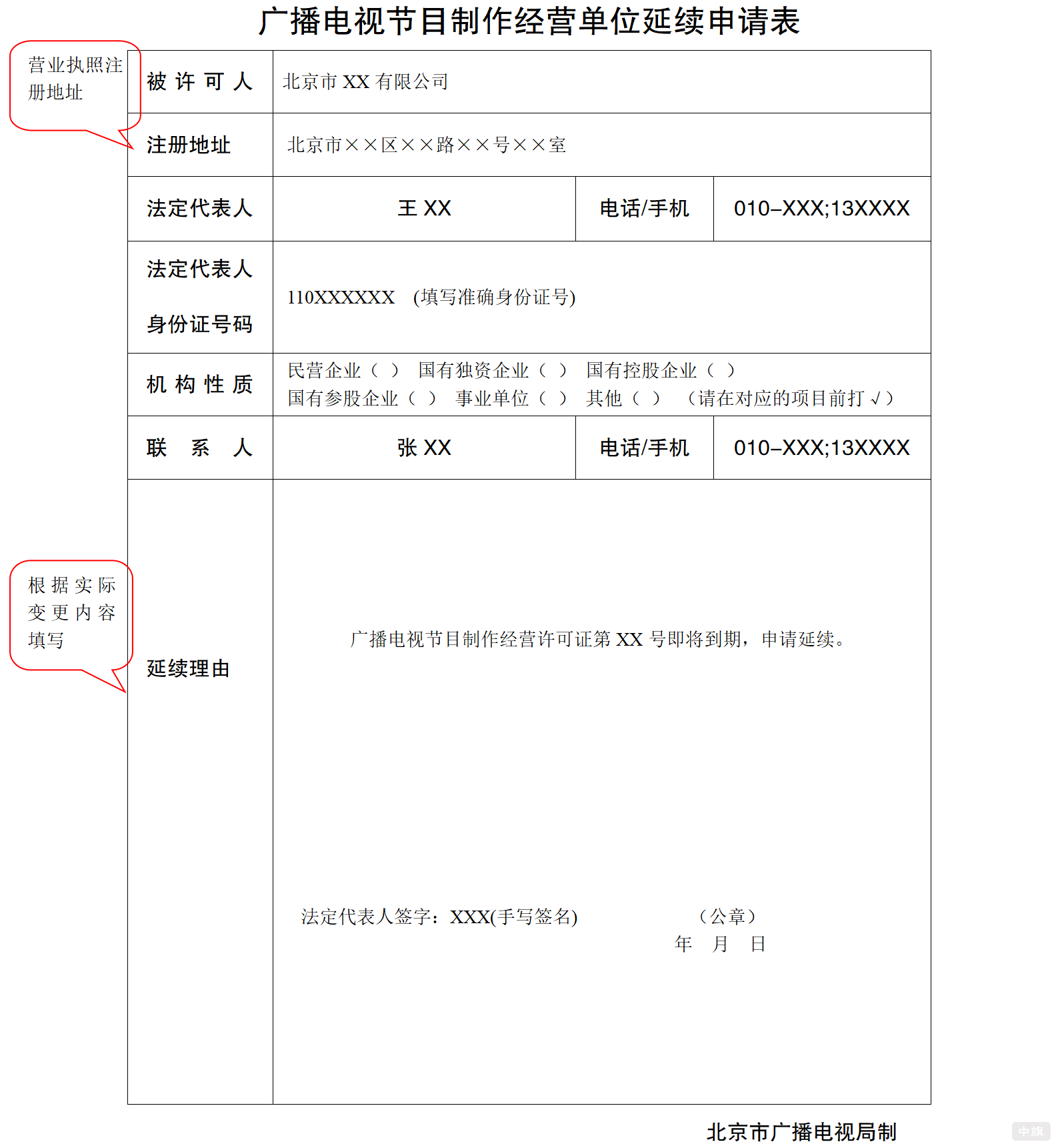 广播电视节目制作经营单位延续申请表填写示意图