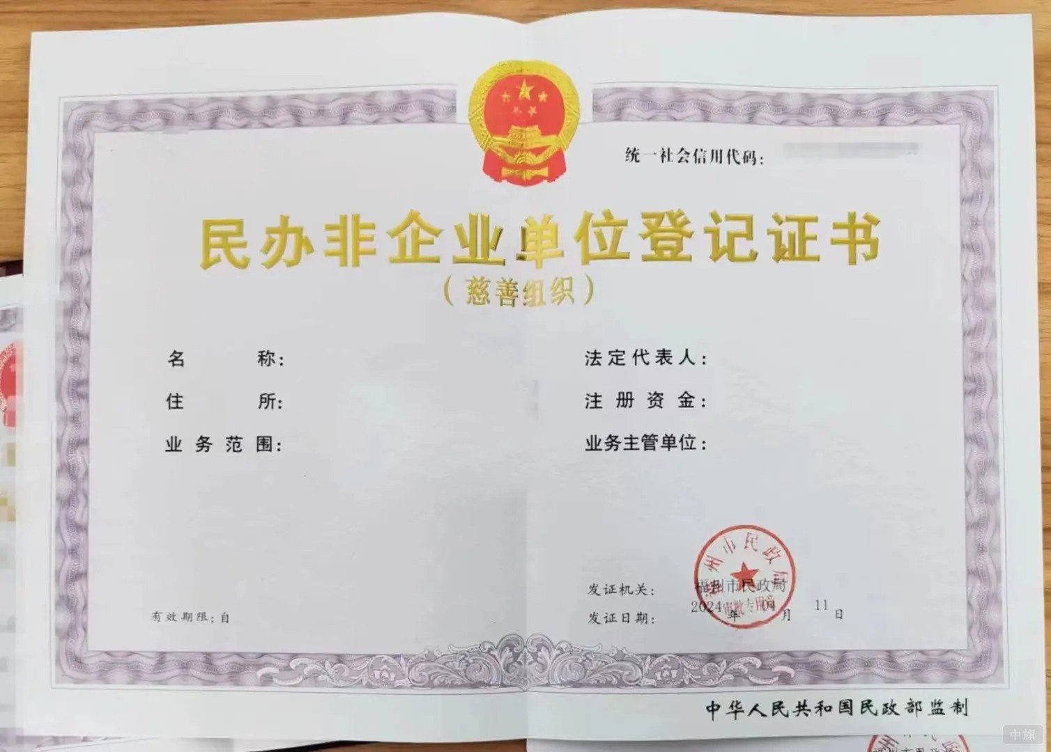 民办非企业单位登记证书