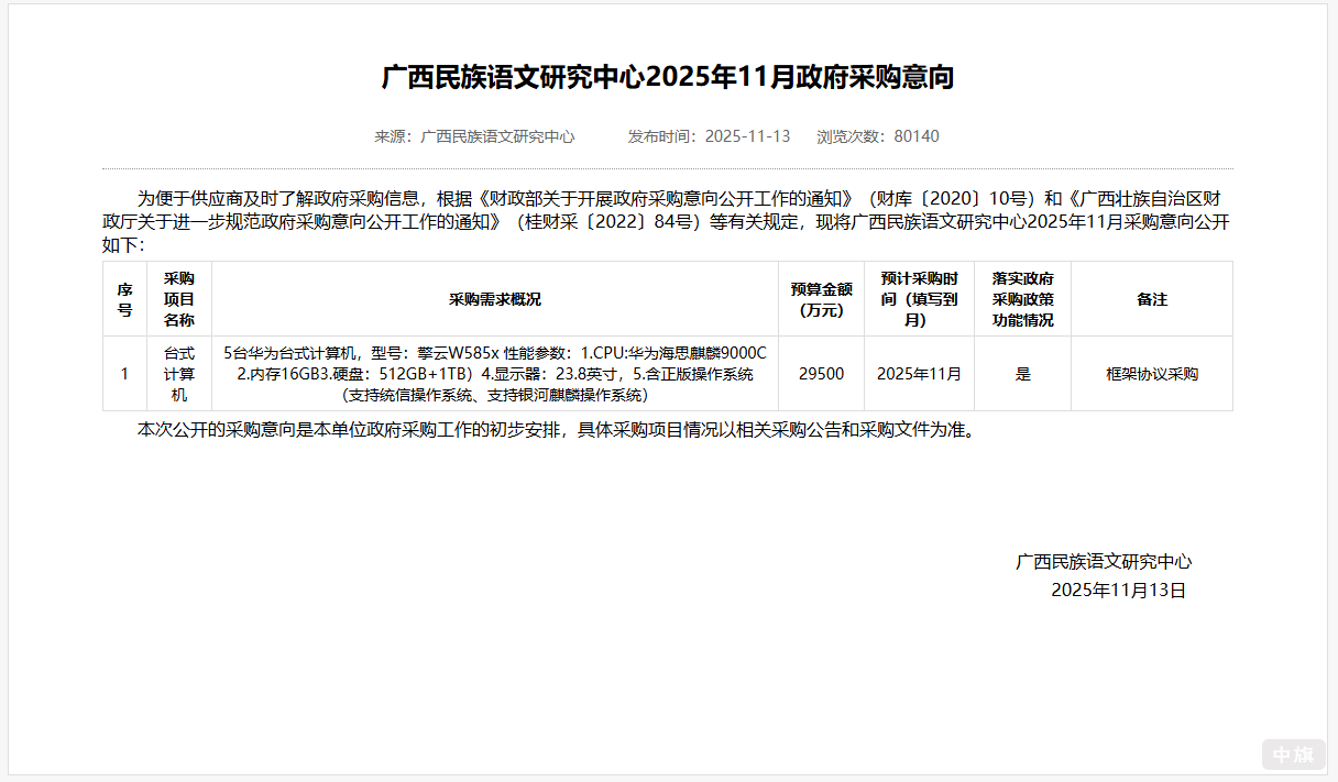 广西民族语文研究中心2025年11月政府采购意向 广西民族语文研究中心2025年11月政府采购意向