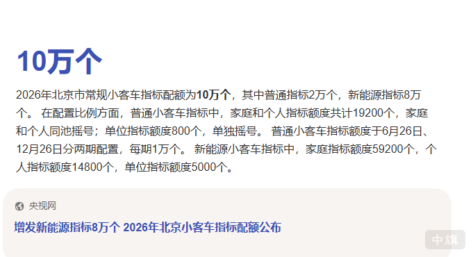 2026年北京市常规小客车指标配额是10万个 2026年北京市常规小客车指标配额是10万个